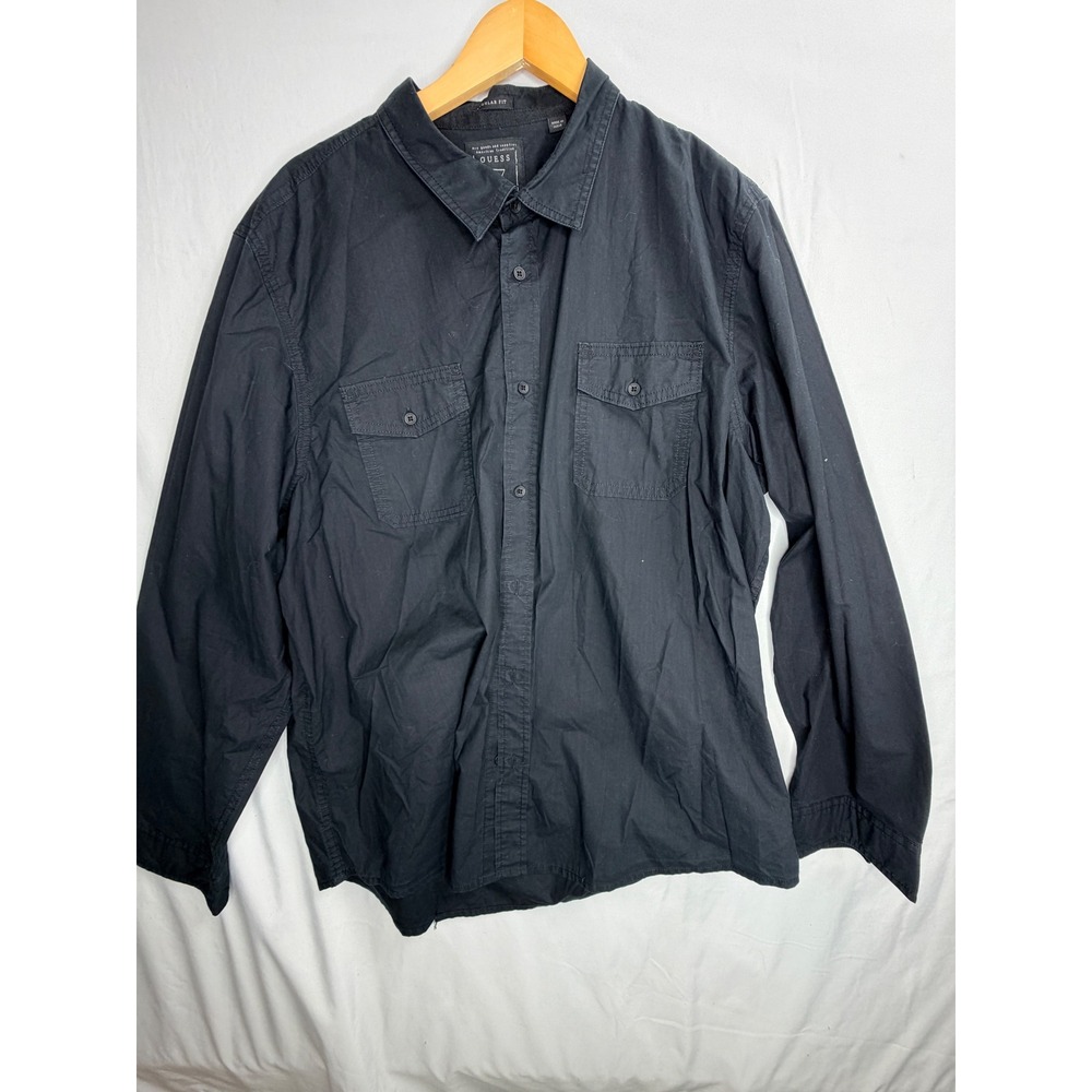 Guess Button Down Shirt XXL Black Regular Fit Long Sleeve Dual Pocket Mens